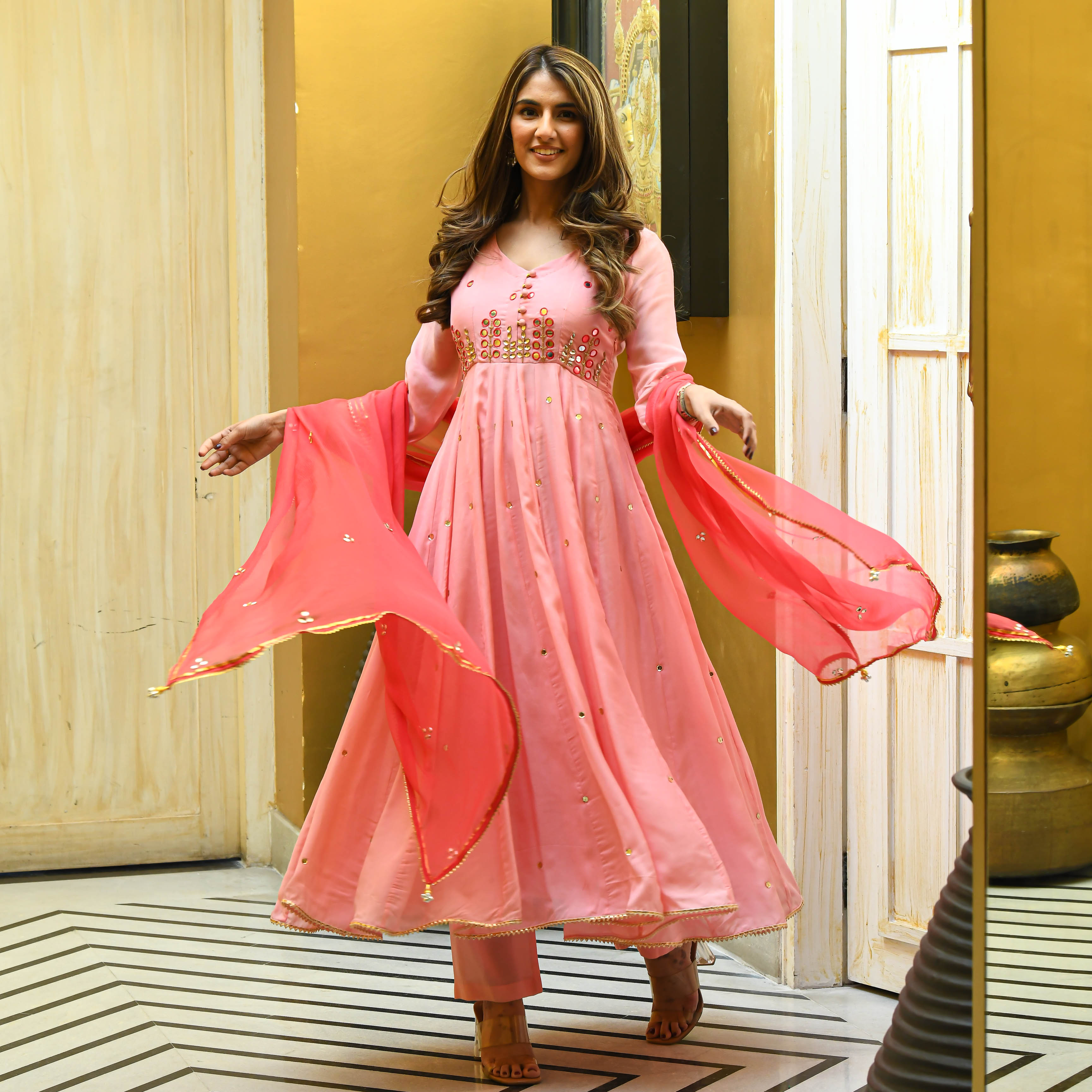 Peach Pink Georgette Mirror Work Anarkali Suit Set